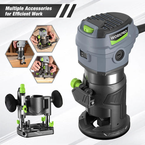 Compact Router Combo Kit With Fixed Base And Plunge, 6.5 Amp Power, Six Speed Range Up To 32000 RPM, shown with accessories