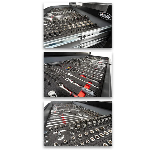 Extra Big Heavy Duty Beefy Rolling Tool Cabinet With Stainless Steel Workbench Top Includes 929 Piece Professional Socket Wrench Set drawers filled with socket tools.