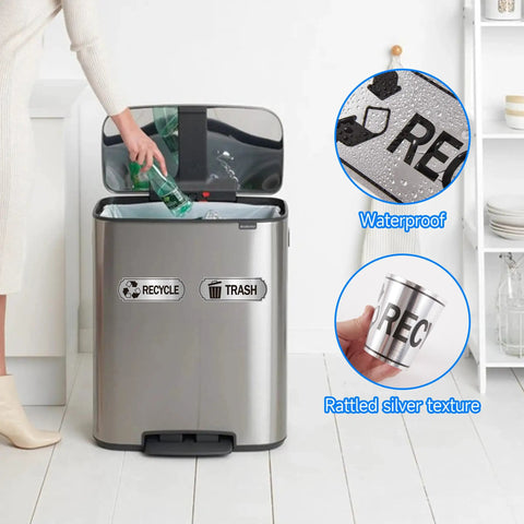 Person placing bottle in trash bin with 3 Pack Recycle Stickers For Trash Bins Self Adhesive Waterproof Brushed Silver Compost And Recycling Indoor Outdoor Use For Kitchen Office Garbage Cans.