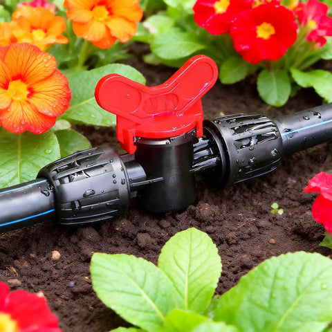 Thirteen Piece One Half Inch Drip Irrigation Shut Off Valves Kit With Barbed Lock Nut Connectors in garden system