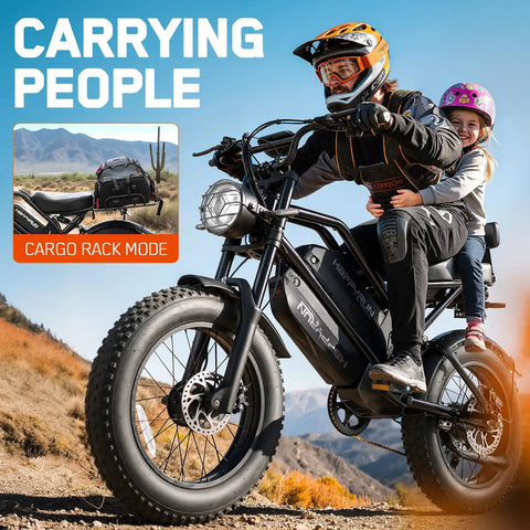 G70 Pro Electric Bike With Dual 2500W Motors 5000W Peak Output Delivers 36 MPH Top Speed And Up To 85 Mile Range On All Terrain 20 Inch Fat Tire Off Road Beast Ready For Adventure carrying adult and child on desert trail