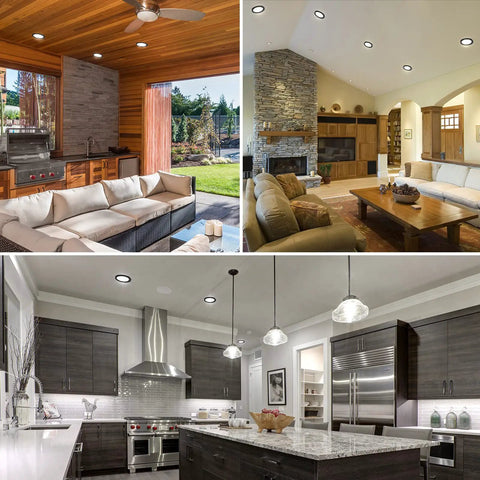 Three interior settings featuring 7 Inch LED Flush Mount Ceiling Light Fixture, 15W, Black Trim, Three Color Temperatures