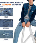 Iron On Denim Patches For Jeans Repair Kit, 8 Patches Sized 5x8 Inches shown fixing holes, stains, and tears in jeans
