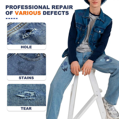 Iron On Denim Patches For Jeans Repair Kit, 8 Patches Sized 5x8 Inches shown fixing holes, stains, and tears in jeans