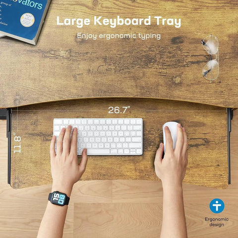 Huanuo Electric Standing Desk 55 Inch With 2 Drawers And Keyboard Tray Vintage Finish showing large ergonomic keyboard tray.