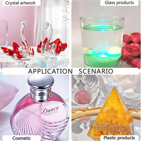 Fieifi Motorized Rotating Led Light Display Base For Crystals And Glass Art showcasing swan figures, glass vase, perfume, and a crystal pyramid.