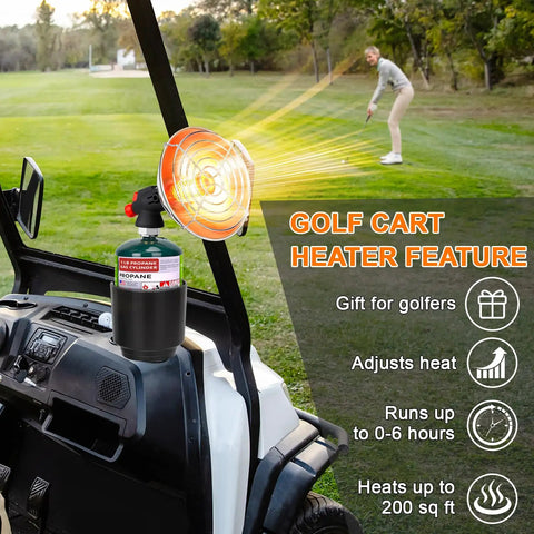 Portable Propane Golf Cart Heater With Cup Holder And Cylinder Base 2 In 1 Outdoor Space Heater mounted on golf cart