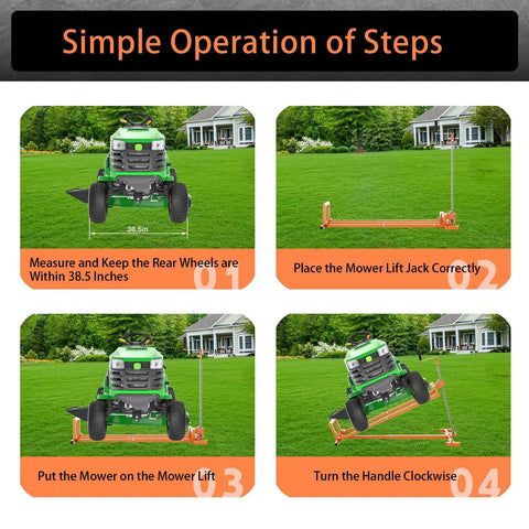 Livoccur Lawn Mower Lift Jack Heavy Duty Platform 882 Lbs Capacity For Garden Tractors with operation steps on grass.