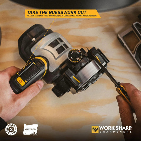 Hands using Pro Grade Adjustable Knife Sharpening System For Knives Scissors Serrated Blades And Tools Delivers Boss Level Edges And Consistent Results