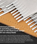 Leather Chisel And Pricking Iron Set Pro Grade Die Steel Puncher shown with prongs on leather surface, text detailing tool benefits.