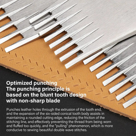 Leather Chisel And Pricking Iron Set Pro Grade Die Steel Puncher shown with prongs on leather surface, text detailing tool benefits.