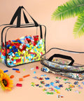 Six Pack Large Clear PVC Toy Storage Bags With Labels filled with building blocks and puzzles, shown against a colorful background