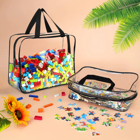 Six Pack Large Clear PVC Toy Storage Bags With Labels filled with building blocks and puzzles, shown against a colorful background