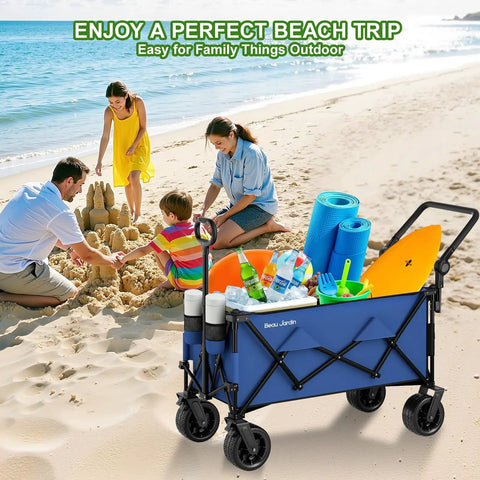 Foldable Push And Pull Beach Wagon With Dual Handles And All Terrain Wheels 500 Lb Capacity Collapsible Utility Cart in use on beach