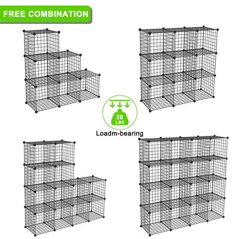 Dope Metal Storage Cubes Set For Shelving And Closet Organization Great For Bedroom Living Room And Office Black Sixteen Cubes Set Stackable Modular Bookshelf System, showing four arrangements of modular cubes.