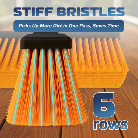 Heavy Duty Workhorse 18 Inch Push Broom With Extended Handle And Tough Six Row Bristles for effective outdoor cleaning.