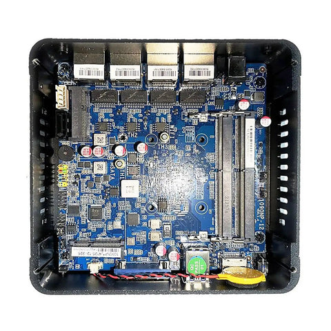 Knockout Micro Firewall Appliance And Mini PC Compatible With Opnsense Pfsense Routers No Sweat Vpn Gateway Configuration Featuring Four Gigabit LAN Ports Sim Slot And Beast Specs showing internal circuit board with ports.