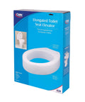 Packaging of Elongated Toilet Seat Riser Adds 3.5 Inches For Easier Bending And Sitting Bolt On And Easy Install, white riser visible