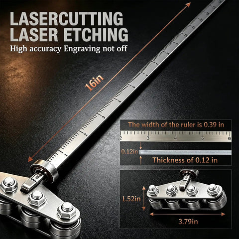 16 Inch Circular Saw Guide Rail With Nine Smooth Rollers For Rock Solid Cuts and Bullseye Accuracy, showing etched ruler and roller details.