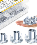 180 Pcs T Nuts Set With 4 Pronged Blind T Nuts In 1/4-20, 5/16-18, 3/8-16 Sizes shown with box and hand