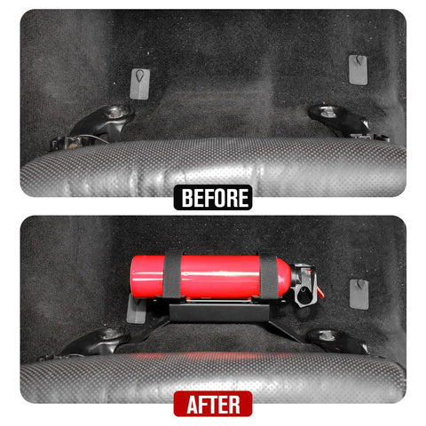 Before and after installation of an Under Seat Fire Extinguisher Bracket Mount for Dodge Ram Trucks 2009 Through 2017.