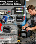 Technician using GT100 Plus GPT ENET DOIP OBDII Breakout Box for ECU diagnostics and battery replacement guidance.