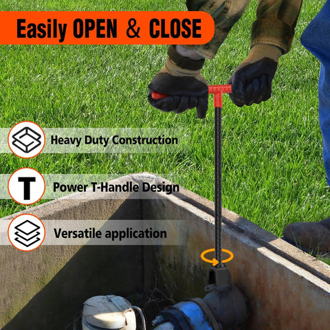 Person using 16 Inch Water Meter Key With Heavy Duty Steel T Handle Four Way Universal Cross Key For Multi Function Access on meter