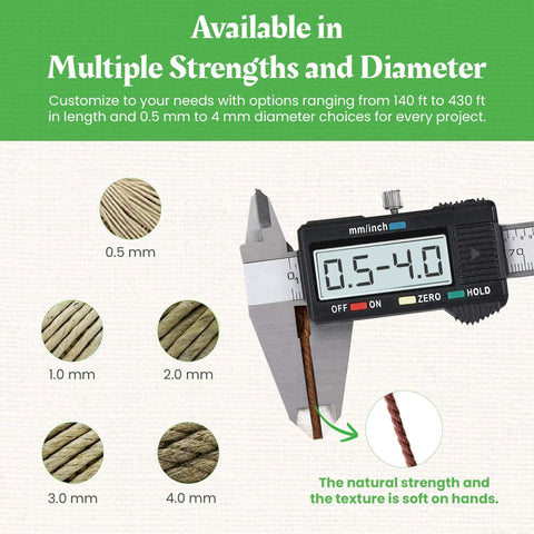 Caliper measuring 4.0 mm hemp twine diameter; multiple options including Do It All Hemp Twine 1mm 430 Ft 20 Lb Strength 12 Pack For Macrame