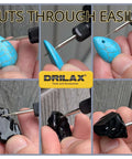 Drilax 1mm diamond drill bits set with 1/8-inch shank; close-up drilling turquoise stone and black rock; Drilax logo