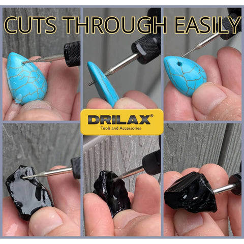 Drilax 1mm diamond drill bits set with 1/8-inch shank; close-up drilling turquoise stone and black rock; Drilax logo