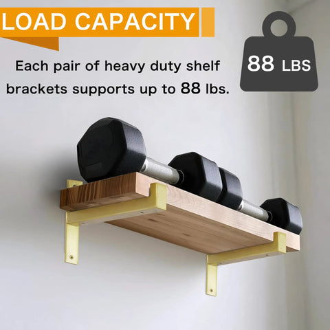 6 Pack Heavy Duty Shelf Brackets With Lip 13 Inch Gold Finish For Solid Shelving, T Shaped Supports, No Drama Install, Includes Concrete Plugs Drywall Plugs And Self Tapping Screws For Quick Easy Mounting on wood shelf, 88 lbs load