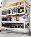 Badass 4000 Lbs Rolling Garage Shelving Rack With Heavy Duty Swivel Wheels And Fully Adjustable 4 Tier Design loaded with tools and bins.
