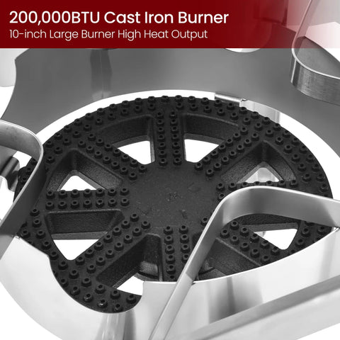 Close-up of 200000 BTU cast iron burner on Heavy Duty 200000 BTU Propane Burner Stainless Steel Outdoor Stove.