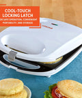 Imusa 4 Slot Electric Arepa Maker, 1200 Watt Nonstick Griddle, showing cool-touch locking latch for safe operation.