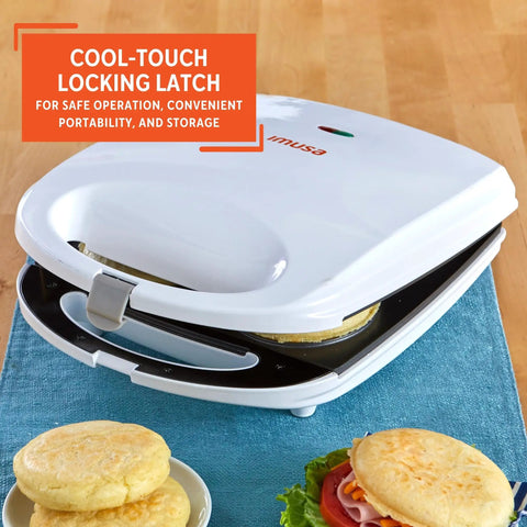 Imusa 4 Slot Electric Arepa Maker, 1200 Watt Nonstick Griddle, showing cool-touch locking latch for safe operation.