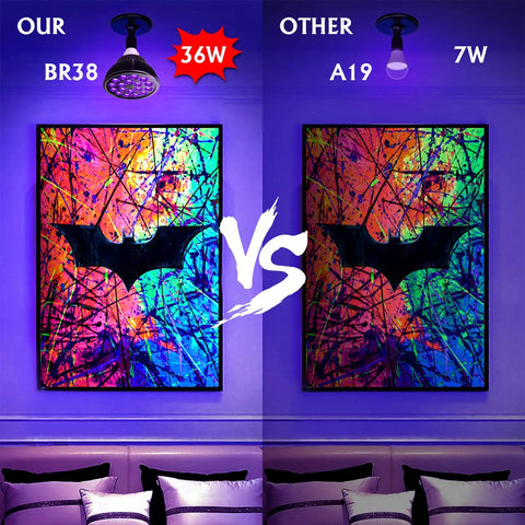 Comparison of blacklight effects with 36W LED bulb and a standard 7W bulb, highlighting a vibrant fluorescent art piece.