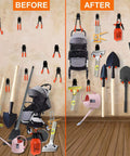 Heavy Duty Garage Hooks 10 Pack Steel Wall Mount Tool Hangers organizing tools and shovels before and after on wall