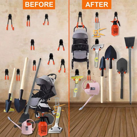 Heavy Duty Garage Hooks 10 Pack Steel Wall Mount Tool Hangers organizing tools and shovels before and after on wall
