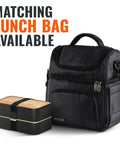 Premium Bento Box With 2 Stackable Compartments, 40 Oz Capacity, with black matching lunch bag.