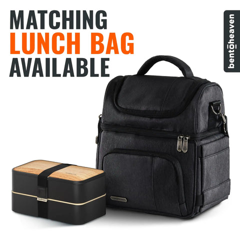 Premium Bento Box With 2 Stackable Compartments, 40 Oz Capacity, with black matching lunch bag.
