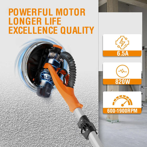 Built Tough Electric Drywall Sander With Full Vacuum Dust Collection, 820W motor displaying specs, ideal for drywall prep.