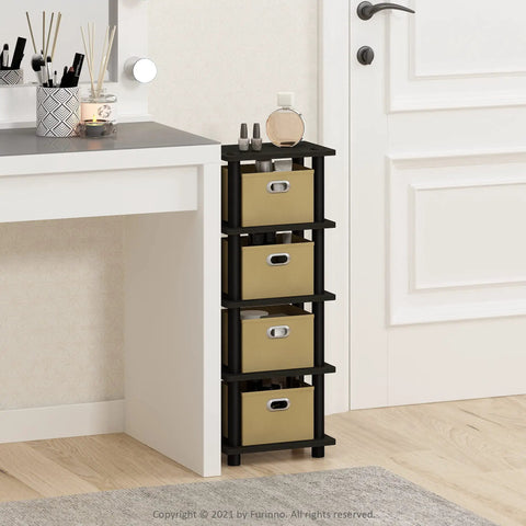 Four Tier Toolless Storage Shelves Espresso Finish With Four Fabric Bins No Sweat Setup Game Changer For Clutter Control Apartment Approved Hallway Bedroom Organizer Straight Up Solid Build