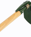 Folding Survival Shovel With Wooden Handle Heavy Duty Carbon Steel Entrenching Tool For Camping Off Road Beach And All Terrain Digging Classic Model With Pick Lightweight And Durable Yet Rugged Built To Last Tough As Nails displayed flat.