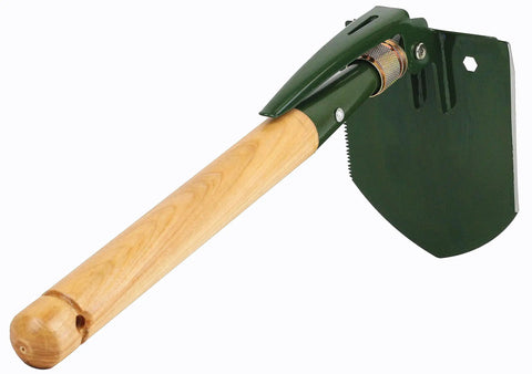 Folding Survival Shovel With Wooden Handle Heavy Duty Carbon Steel Entrenching Tool For Camping Off Road Beach And All Terrain Digging Classic Model With Pick Lightweight And Durable Yet Rugged Built To Last Tough As Nails displayed flat.