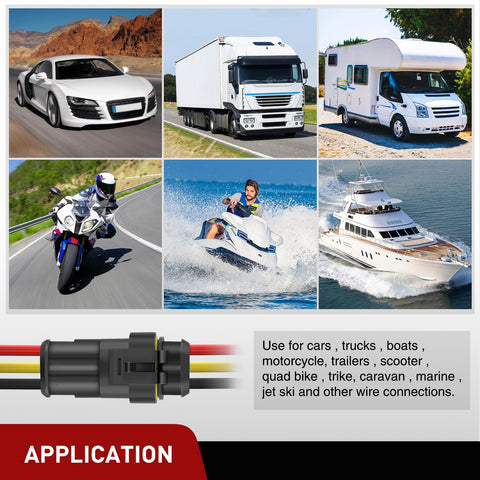 Image of vehicles like cars, trucks, motorcycles, boats, RVs illustrating the applications of Extensive 1 2 3 4 5 6 Pin Electrical Connector Set Waterproof Quick Connect Plugs for Car Truck Motorcycle Boat Marine with Copper Plated Male and Female Terminals for Easy Crimping and Solderless Wiring.