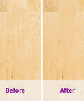 Before and after comparison of wood floor showing scratches restored using Top Shelf Wood Floor Restorer Plus Slick Gloss Finish And No Fuss One Coat Application That Cuts Down On Scratches While Delivering Solid Heavy Duty Shine For Modern Homes.