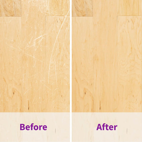 Before and after comparison of wood floor showing scratches restored using Top Shelf Wood Floor Restorer Plus Slick Gloss Finish And No Fuss One Coat Application That Cuts Down On Scratches While Delivering Solid Heavy Duty Shine For Modern Homes.