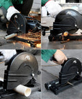 6 Inch Cut Off Chop Saw With 1800W 3900 RPM motor cutting metal pipes, shows spark deflector and 0 to 45 degree miter capability