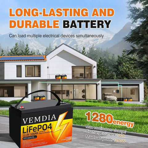 Beefy 12V 100Ah LiFePO4 Battery With Built In 100A BMS shown in outdoor setting, highlighting durability and energy capacity