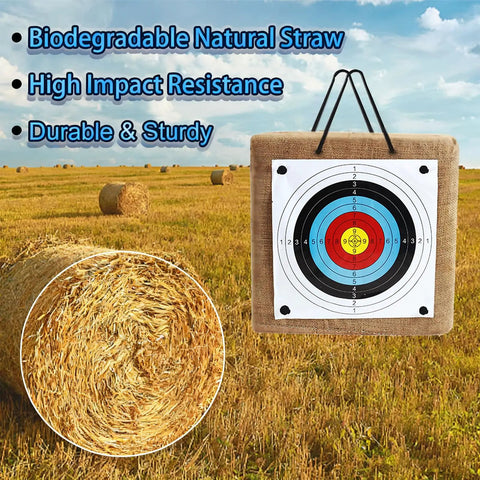 20 Inch Straw Archery Target With Handle Backyard Practice Kit in field scene, showing target face and straw detail